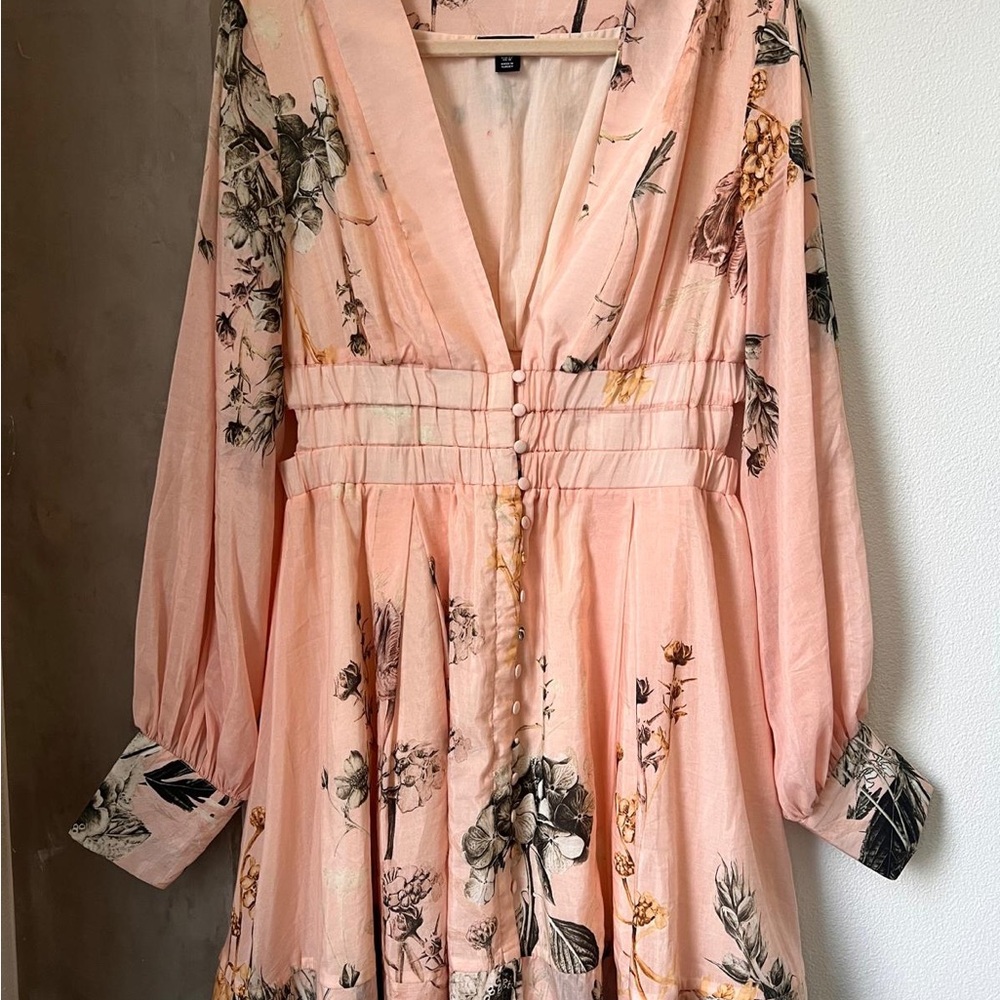 Karen Millen Blush Botanical Border Print Silk Cotton Mini Dress